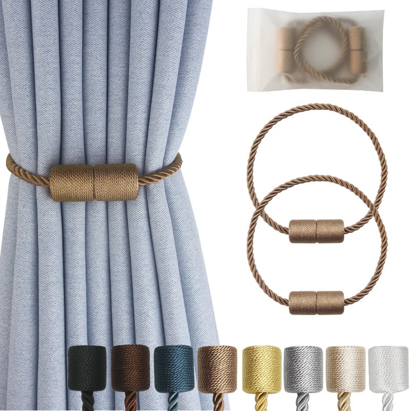 Hangtty Magnetic Curtain Tiebacks 2 Pack Khaki Curtain Rope Tieback Curtain Holders for Drapes Modern Tie Backs Decorative Curtain Holdbacks