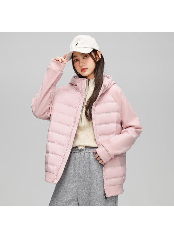 Winter Knitted Fabric Down Jacket Coat with Ribbed Sleeves Lightweight Sports Outerwear