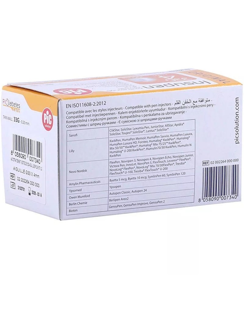 Pic Solution Insupen 4 mm Insulin Pen Needle 33G 100 Pieces