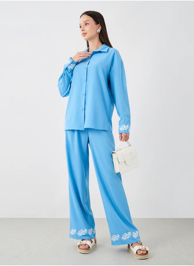 Styli Embroidered Spread Collar Shirt and Relaxed Fit Trousers Co-Ords