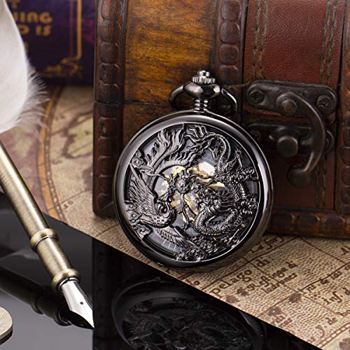 ManChDa Antique Mechanical Pocket Watches for Men Lucky Dragon Phoenix Pocket Watch with Chain Black Skeleton Dial Roman Numberals Gifts for Fathers Day - Image 5