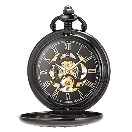 ManChDa Antique Mechanical Pocket Watches for Men Lucky Dragon Phoenix Pocket Watch with Chain Black Skeleton Dial Roman Numberals Gifts for Fathers Day - Image 3