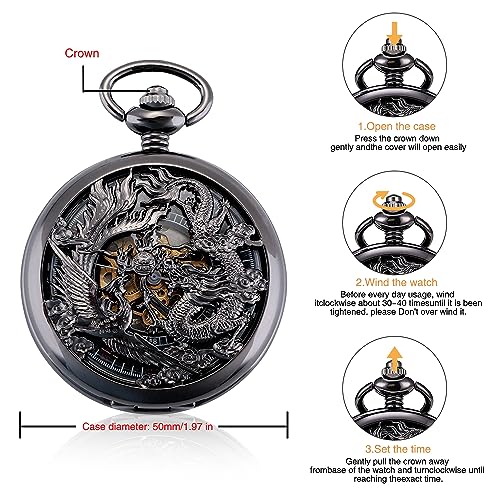ManChDa Antique Mechanical Pocket Watches for Men Lucky Dragon Phoenix Pocket Watch with Chain Black Skeleton Dial Roman Numberals Gifts for Fathers Day - Image 4