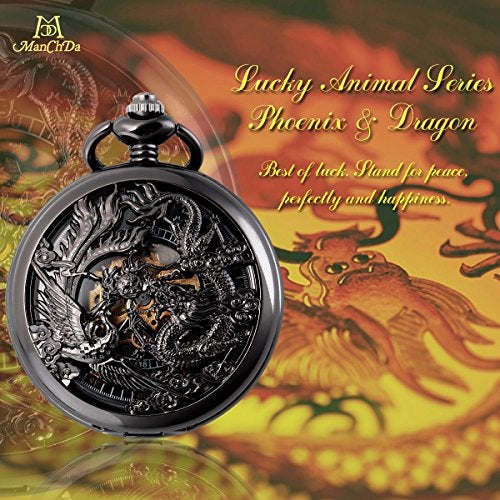 ManChDa Antique Mechanical Pocket Watches for Men Lucky Dragon Phoenix Pocket Watch with Chain Black Skeleton Dial Roman Numberals Gifts for Fathers Day - Image 2