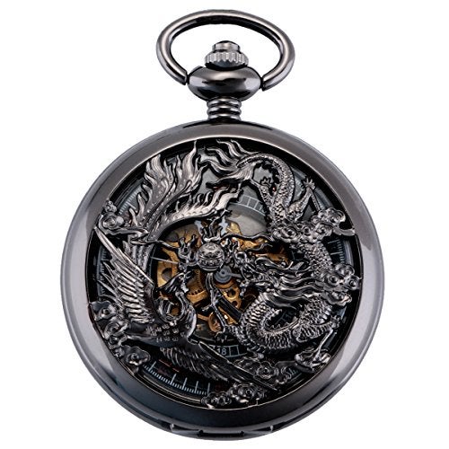 ManChDa Antique Mechanical Pocket Watches for Men Lucky Dragon Phoenix Pocket Watch with Chain Black Skeleton Dial Roman Numberals Gifts for Fathers Day - Image 1