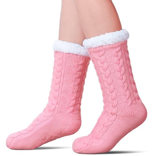SDBING Women's Winter Super Soft Warm Cozy Fleece Lined Fuzzy Slipper Socks with Grippers (Pink, 6-10) - Image 1