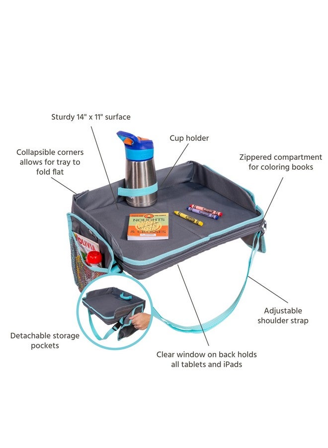 J.L. Childress صينية السفر 3 في 1 من J.L. Childress وحامل جهاز iPad - صينية على ركبتي مقعد السيارة للأطفال - للاستخدام في الطائرات، ورحلات الطريق، مكتب على الركبة - حامل جهاز لوحي وحقيبة حمل - رمادي/أخضر مائل إلى الأزرق - Image 2