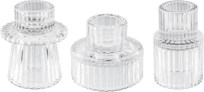 ECHFSM Double Sided Vintage Ribbed Taper Glass Candle Holders,Tea Candle Holder for Table Centerpieces, Wedding Decorations and Dinner Parties (Clear, 3 PCS) - Image 1