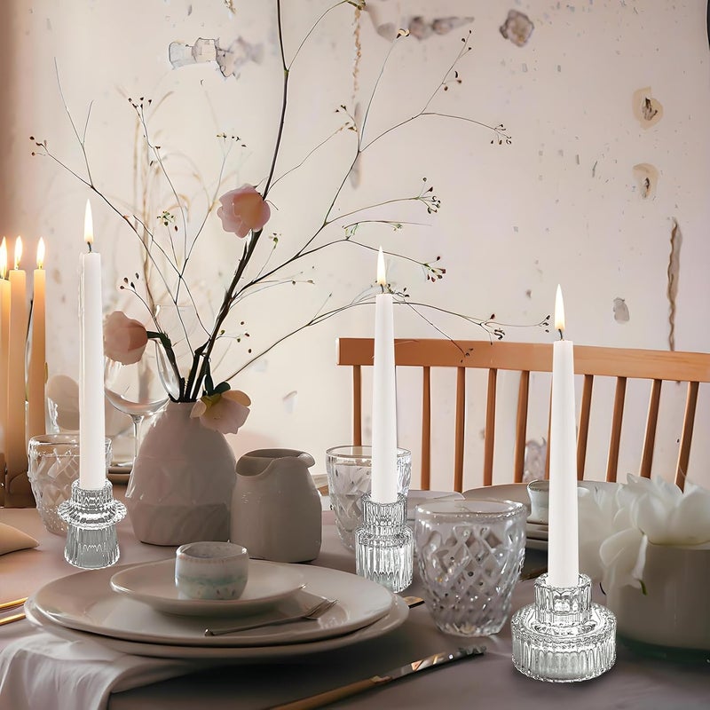 ECHFSM Double Sided Vintage Ribbed Taper Glass Candle Holders,Tea Candle Holder for Table Centerpieces, Wedding Decorations and Dinner Parties (Clear, 3 PCS) - Image 3