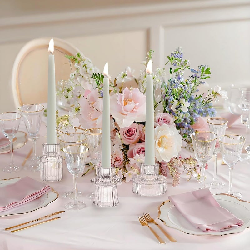 ECHFSM Double Sided Vintage Ribbed Taper Glass Candle Holders,Tea Candle Holder for Table Centerpieces, Wedding Decorations and Dinner Parties (Clear, 3 PCS) - Image 4