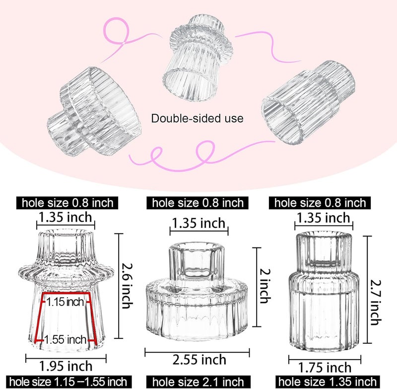 ECHFSM Double Sided Vintage Ribbed Taper Glass Candle Holders,Tea Candle Holder for Table Centerpieces, Wedding Decorations and Dinner Parties (Clear, 3 PCS) - Image 2