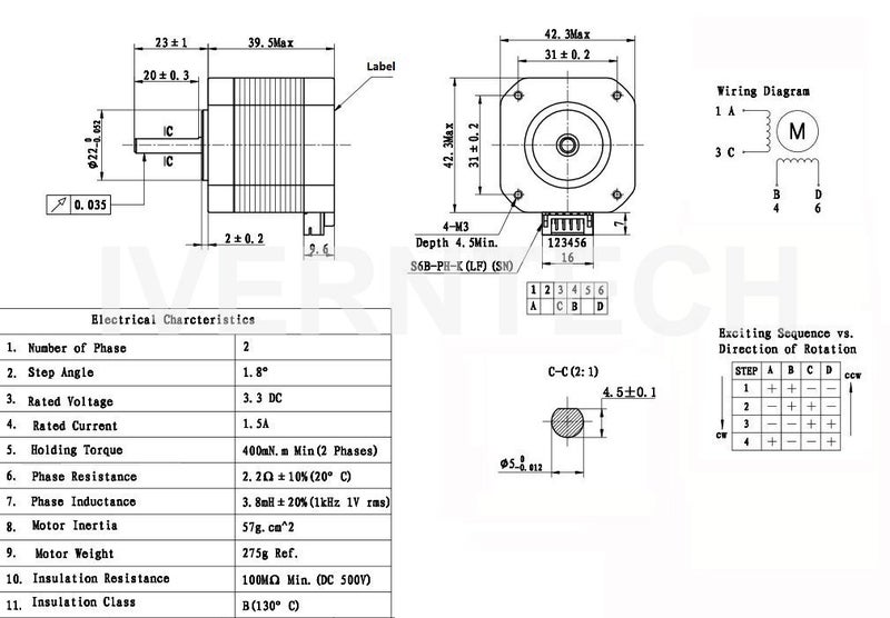 Iverntech Nema 17 Stepper Motor 42x40mm Body Bipolar 1.5A 400mN.m 2 Phase 4 Wires 1.8 ° for 3D Printer or CNC Machine with 1M Motor Cable - Image 2