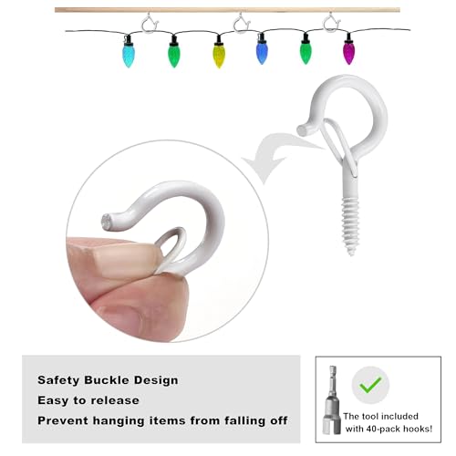PlusRoc 40 Pack Outdoor Hooks for Christmas Light Plants - White Cup Hooks with Wing Nut Driver, Wall and Ceiling Mount - Image 2