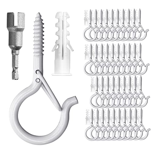 PlusRoc 40 Pack Outdoor Hooks for Christmas Light Plants - White Cup Hooks with Wing Nut Driver, Wall and Ceiling Mount - Image 1