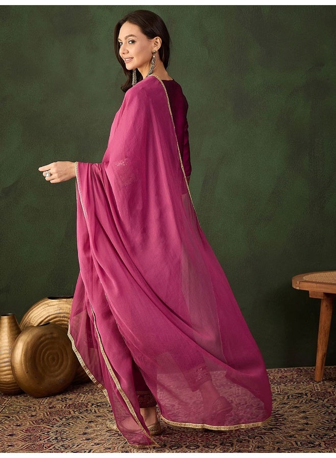 AKS Magenta Jacquard Kurta Set With Monochrome Dupatta  - Image 4