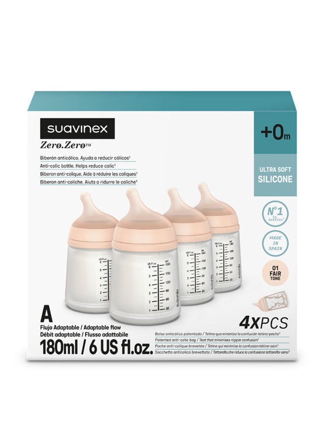 SUAVINEX زيرو زيرو زجاجة رضاعة مضادة للمغص للأطفال، العلامة التجارية رقم 1 في إسبانيا لزجاجات الرضاعة، مثالية للأطفال الذين يرضعون طبيعياً 180 مل × 4 مجموعة من 4 - Image 2