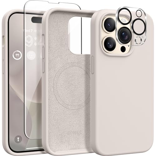 GONEZ for iPhone 14 Pro Case, Compatible with Magsafe, with Screen Protector + Camera Lens Protector, Soft Anti-Scratch Microfiber Lining, Shockproof Liquid Silicone Phone Cover, Stone - Image 1