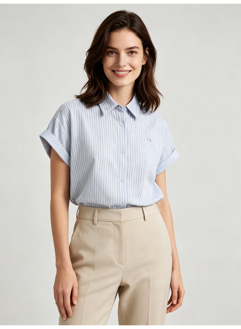 زارا ZARA Women’s Light Blue Vertical Stripe Rolled Short Sleeve Button Down Shirt with Mini Logo - Image 4
