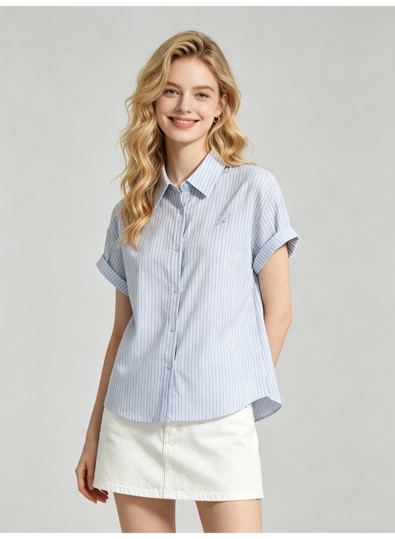 زارا ZARA Women’s Light Blue Vertical Stripe Rolled Short Sleeve Button Down Shirt with Mini Logo - Image 5