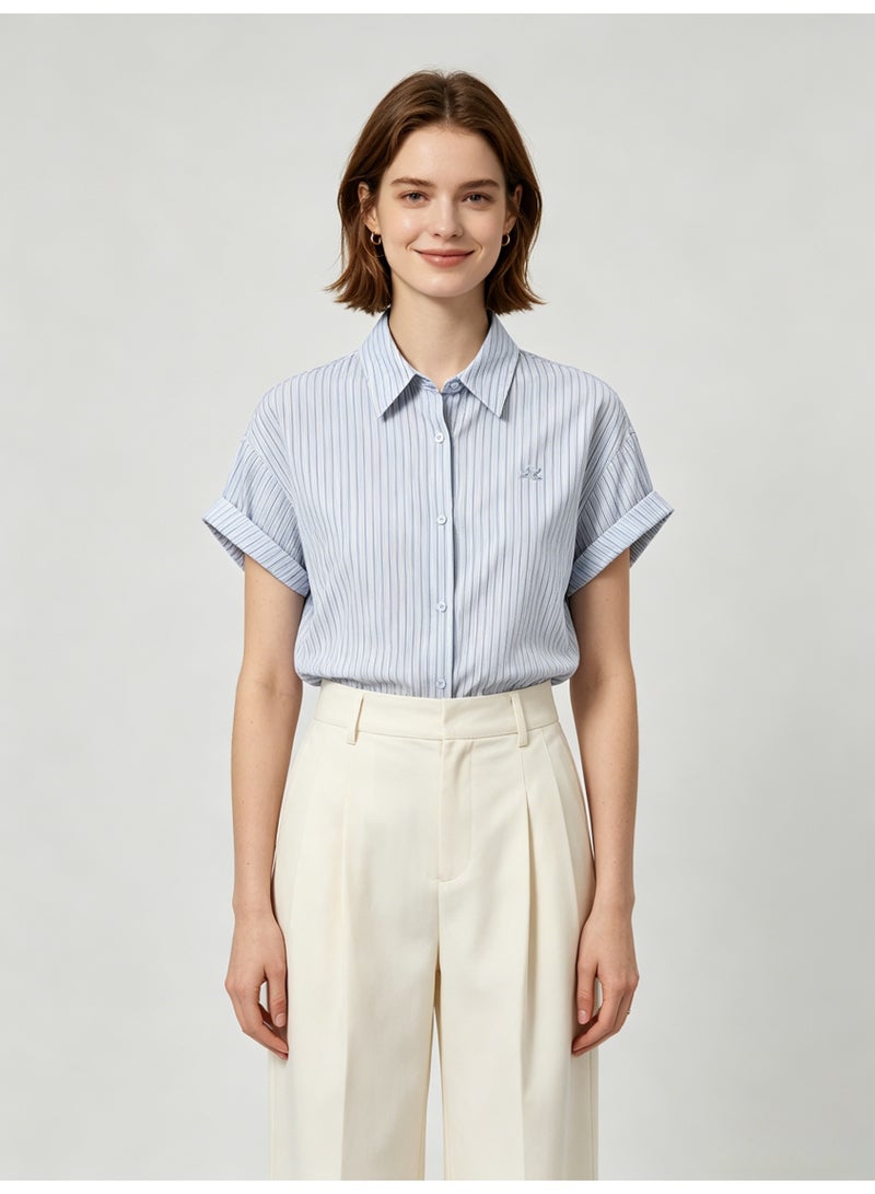 زارا ZARA Women’s Light Blue Vertical Stripe Rolled Short Sleeve Button Down Shirt with Mini Logo - Image 2