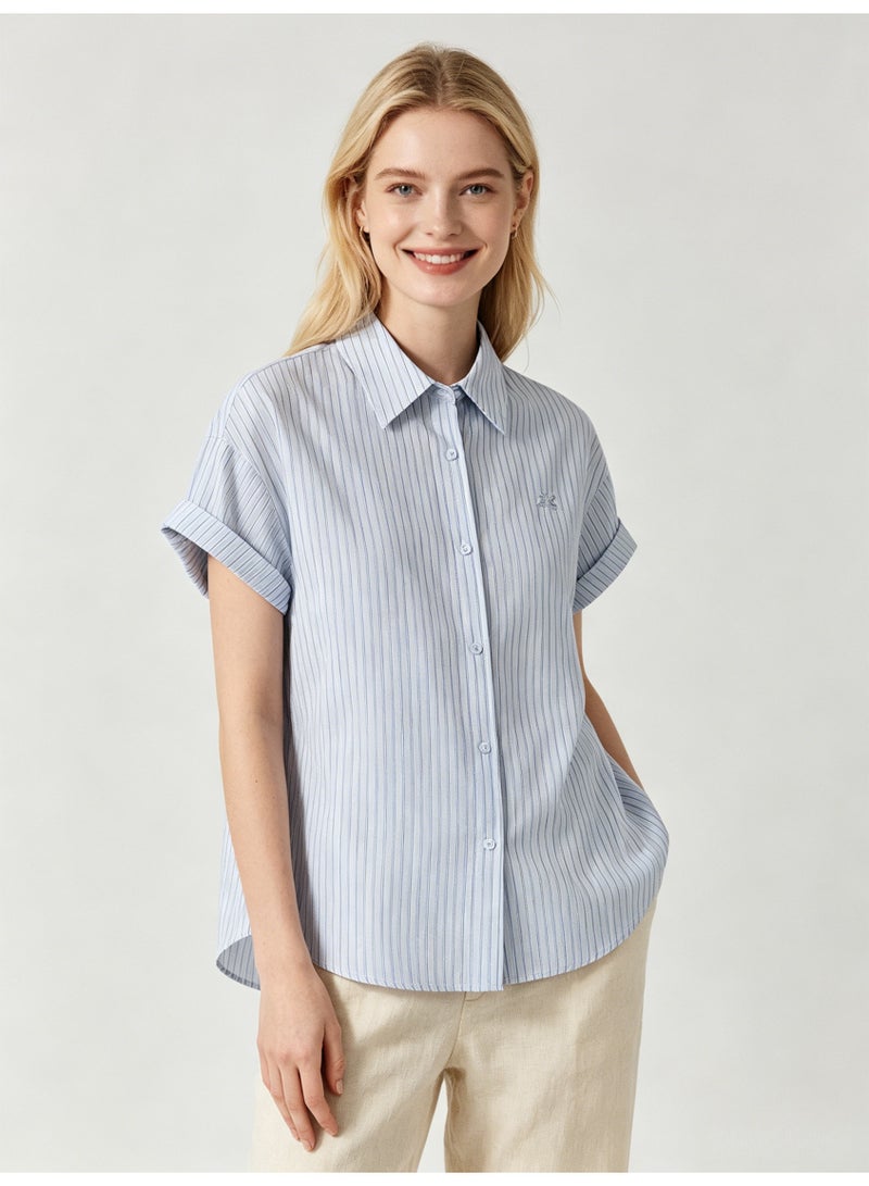 زارا ZARA Women’s Light Blue Vertical Stripe Rolled Short Sleeve Button Down Shirt with Mini Logo - Image 3