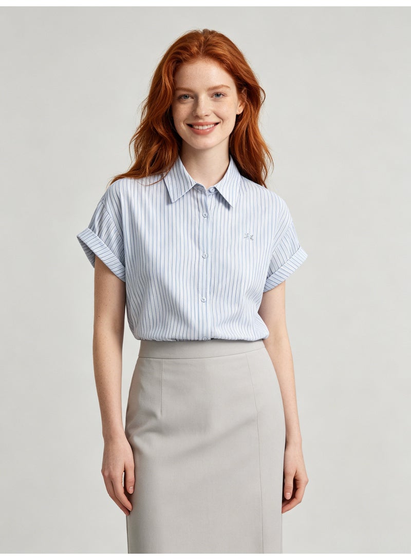 زارا ZARA Women’s Light Blue Vertical Stripe Rolled Short Sleeve Button Down Shirt with Mini Logo - Image 1
