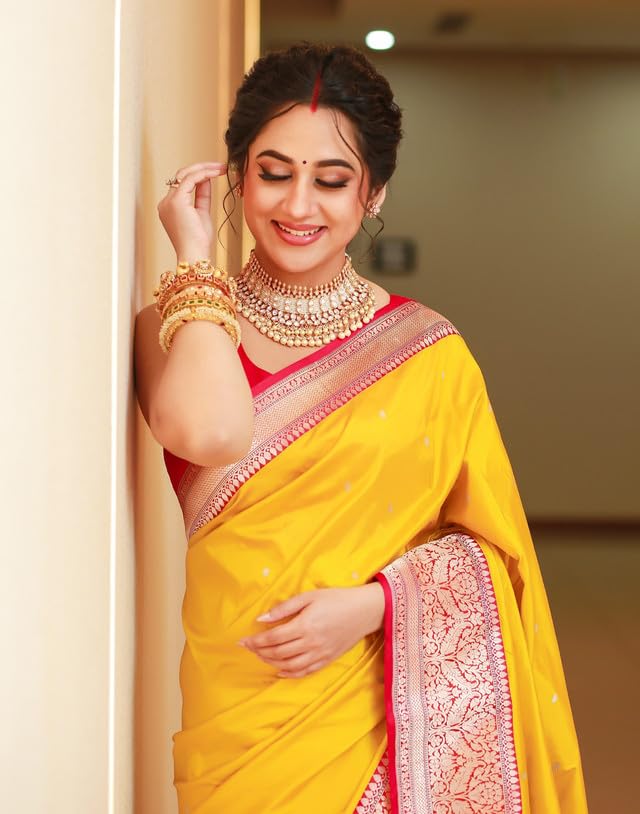 SIRIL Women's Kanjivaram Soft Silk Saree Pure Silk with Unstitched blouse Piece (4181S111_Yellow & Red) - Image 3