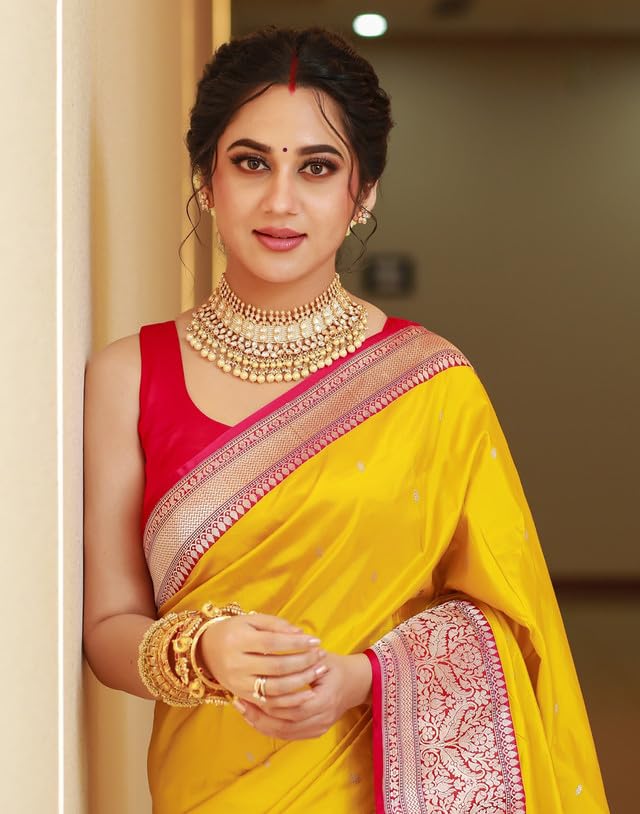 SIRIL Women's Kanjivaram Soft Silk Saree Pure Silk with Unstitched blouse Piece (4181S111_Yellow & Red) - Image 5