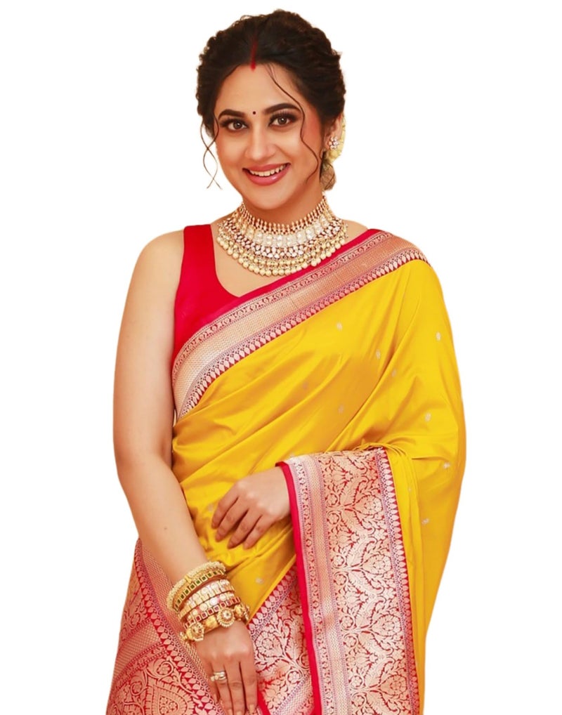 SIRIL Women's Kanjivaram Soft Silk Saree Pure Silk with Unstitched blouse Piece (4181S111_Yellow & Red) - Image 1