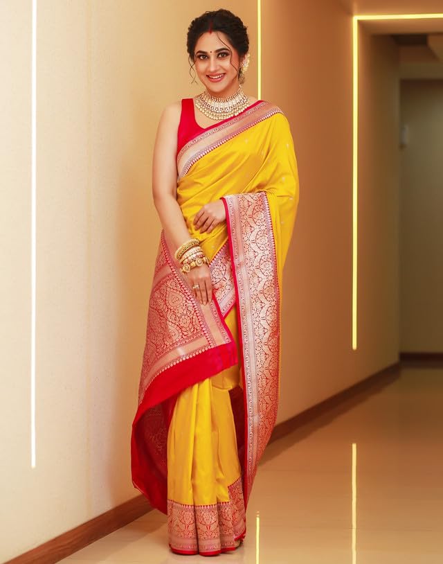 SIRIL Women's Kanjivaram Soft Silk Saree Pure Silk with Unstitched blouse Piece (4181S111_Yellow & Red) - Image 2