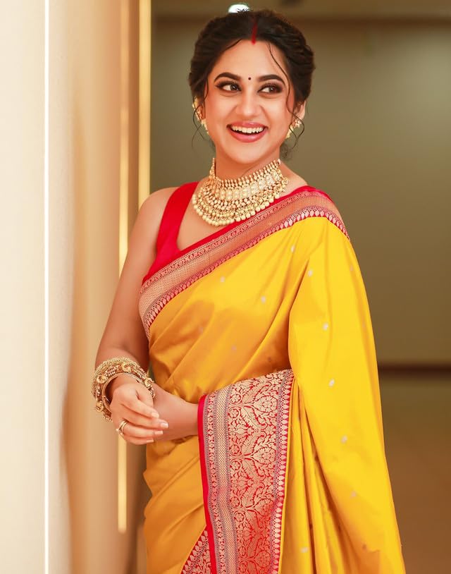 SIRIL Women's Kanjivaram Soft Silk Saree Pure Silk with Unstitched blouse Piece (4181S111_Yellow & Red) - Image 4