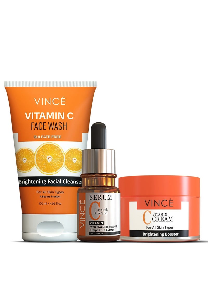 Vitamin C Bundle - Vitamin C Face Wash 120ml + Vitamin C Serum 30ml + Vitamin C Cream 50ml – Brightens & Evens Skin Tone, Reduces Dark Spots & Pigmentation – Fights Aging Signs & Hydrates Skin