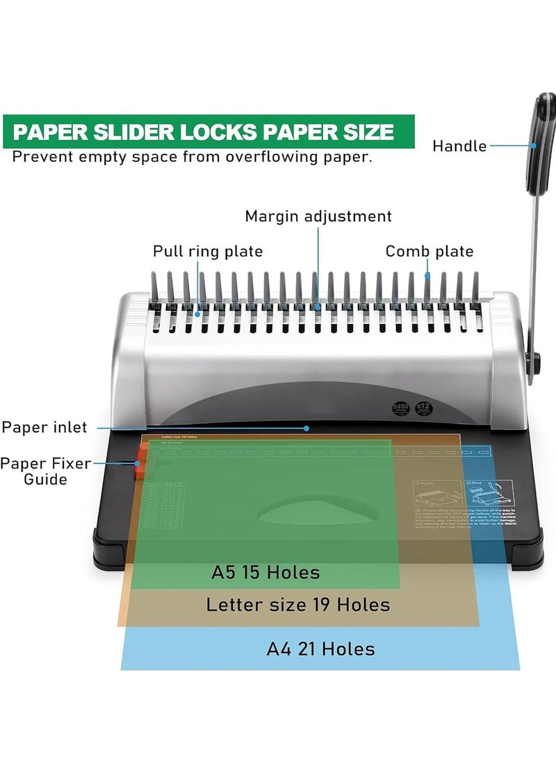 Kidle - Binding Machine, Comb Binding Machine 21-Holes Binding 450 Sheets, Book Binder Machine with 100 PCS 3/8'' Comb Binding Spines, for Letter Size, A4, A5 - Image 1