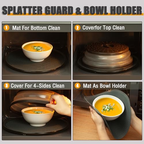 MAGJIUKE Microwave Splatter Cover & Silicone Mat – Collapsible, Vented, Reusable Food Guard and Plate Cover with Heat-Resistant Trivet for Pots, Pans, and Kitchen Counter, Black - Image 3
