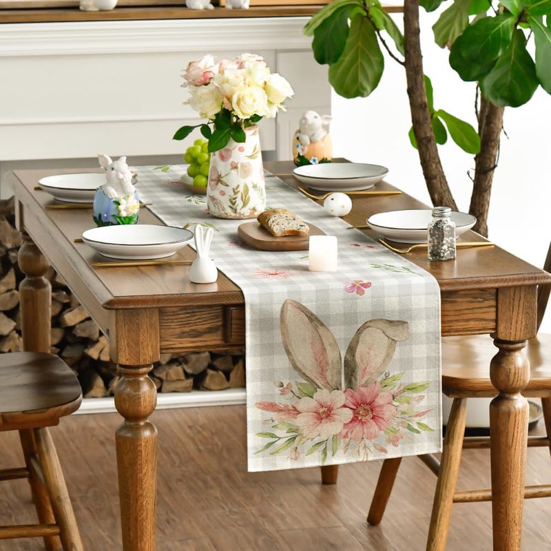 Artoid Mode Buffalo Plaid Bunny Rabbit Ears Flower Easter Table Runner, Spring Summer Seasonal Holiday Kitchen Dining Table Decoration for Indoor Outdoor Home Party Decor 13 x 72 Inch - Image 3