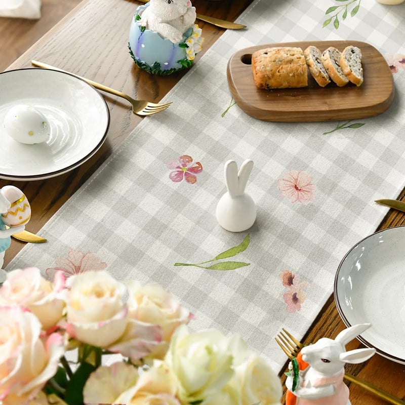 Artoid Mode Buffalo Plaid Bunny Rabbit Ears Flower Easter Table Runner, Spring Summer Seasonal Holiday Kitchen Dining Table Decoration for Indoor Outdoor Home Party Decor 13 x 72 Inch - Image 4
