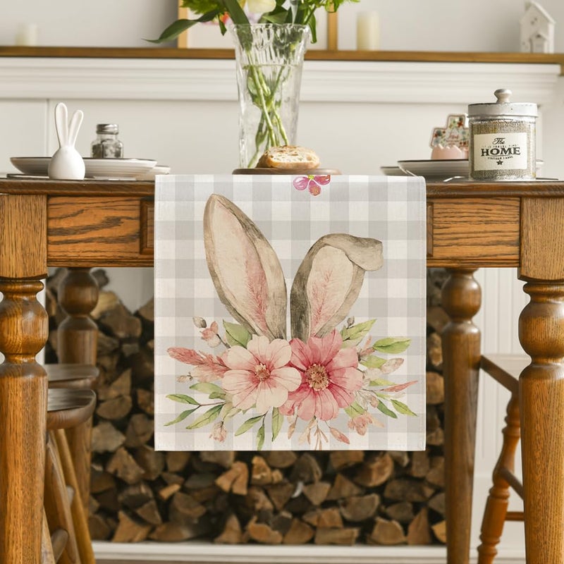 Artoid Mode Buffalo Plaid Bunny Rabbit Ears Flower Easter Table Runner, Spring Summer Seasonal Holiday Kitchen Dining Table Decoration for Indoor Outdoor Home Party Decor 13 x 72 Inch - Image 2
