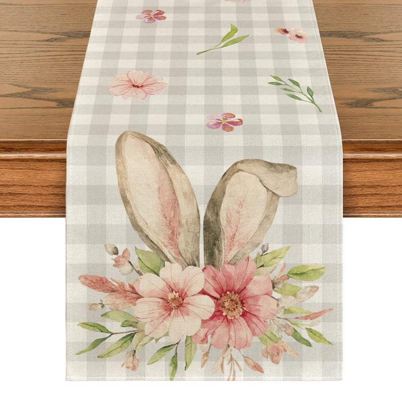 Artoid Mode Buffalo Plaid Bunny Rabbit Ears Flower Easter Table Runner, Spring Summer Seasonal Holiday Kitchen Dining Table Decoration for Indoor Outdoor Home Party Decor 13 x 72 Inch - Image 1