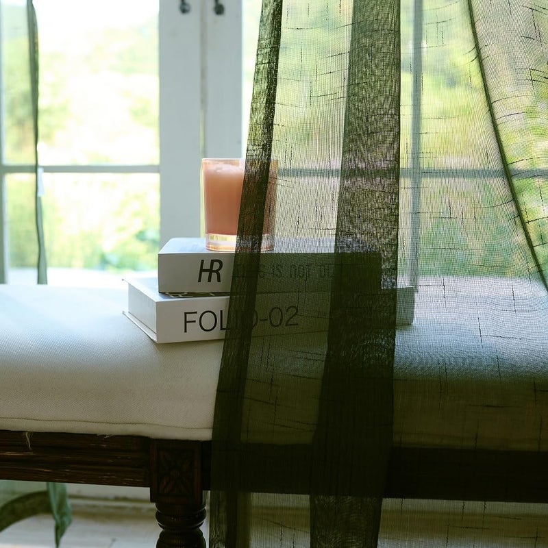 Ftinala Olive Green Sheer Curtains 102 Inch Long 2 Panels, Dark Textured Linen Look See Through Curtains & Drapes, Rustic Thin Window Treatments, Pinch Pleat Sliding Glass Door Ceiling Curtain - Image 4