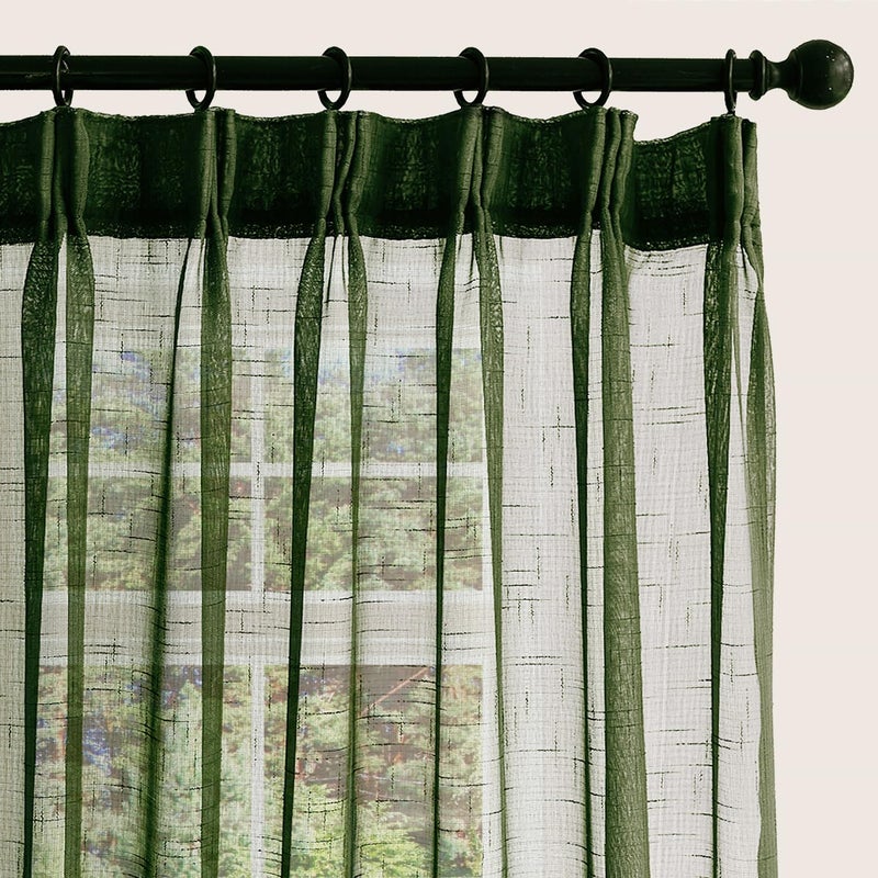 Ftinala Olive Green Sheer Curtains 102 Inch Long 2 Panels, Dark Textured Linen Look See Through Curtains & Drapes, Rustic Thin Window Treatments, Pinch Pleat Sliding Glass Door Ceiling Curtain - Image 1