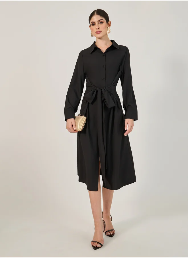 ستايلي Plain Long Sleeves Shirt Midi Dress