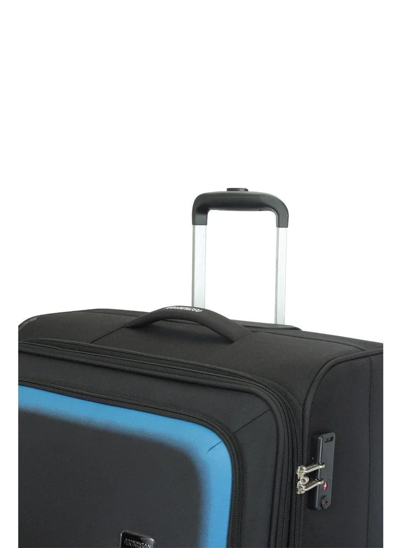 American Tourister black seville suitcase, check-in size 69 cm / 25 inch, 4 wheels, soft top, polyester, black|tsa lock|front storage compartment|inner mesh zippered pocket - 3 years international warranty  | Best Price UAE