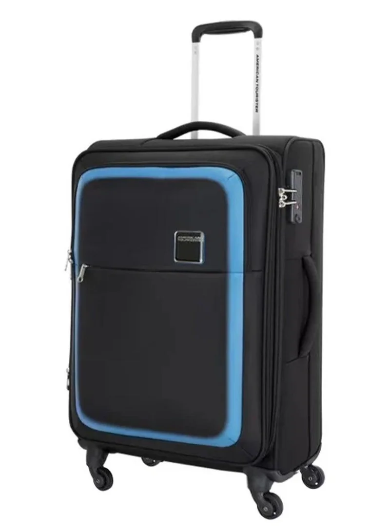 American Tourister black seville suitcase, check-in size 69 cm / 25 inch, 4 wheels, soft top, polyester, black|tsa lock|front storage compartment|inner mesh zippered pocket - 3 years international warranty  | Best Price UAE