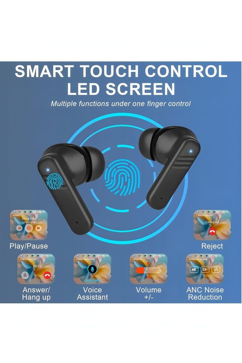 فليفيو سماعات أذن لاسلكية تعمل باللمس بتقنية البلوتوث 5.4، خاصية إلغاء الضوضاء النشطة، سماعات أذن مزودة بحافظة شحن USB لأجهزة iOS/Android، مقاومة للماء IPX5، لون أسود - Image 4