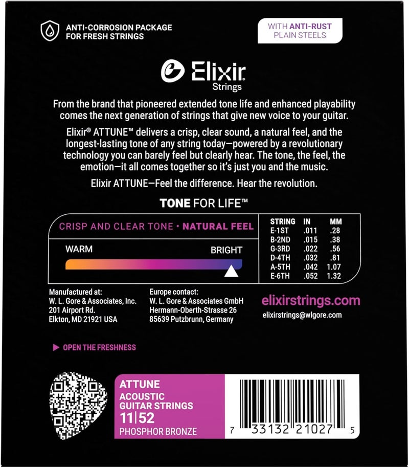 Elixir ATTUNE Acoustic Guitar Strings, Phosphor Bronze, Custom Light 11-52 - Image 2