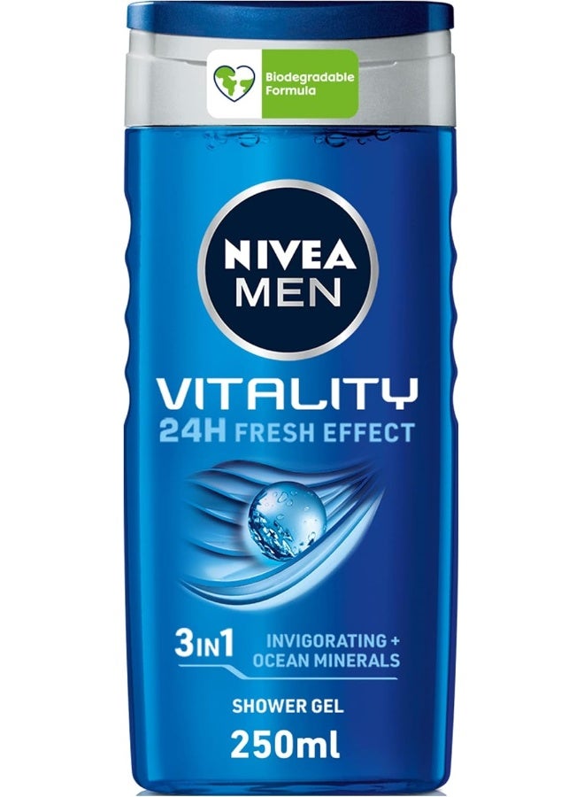 NIVEA MEN 3in1 Shower Gel Body Wash, Vitality Fresh Masculine Scent, 250ml - Image 1