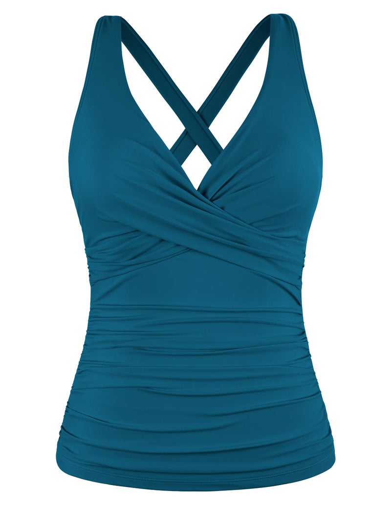 Hilor Underwire Swimuit Top for Women Tummy Control Tankini Tops Ruched Swim Top Only Blue Coral 14 - Image 1