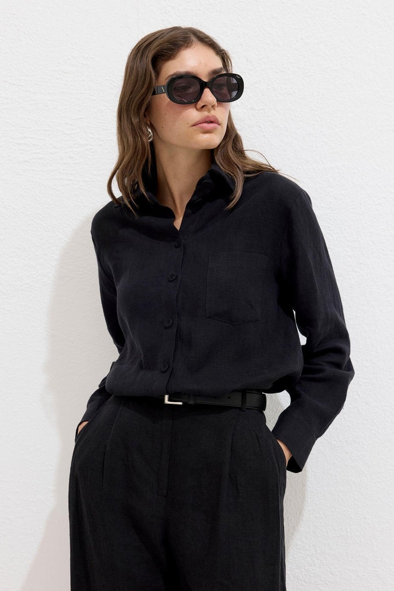 Manuka Coated Buttoned Linen Fit Shirt Black  - Image 1