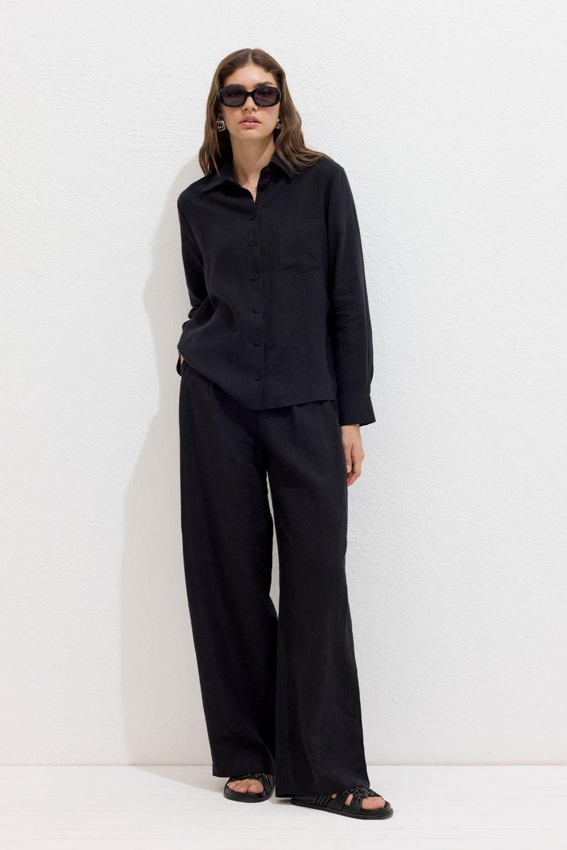 Manuka Coated Buttoned Linen Fit Shirt Black  - Image 2