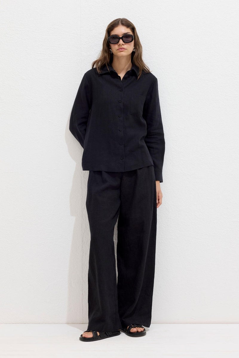 Manuka Coated Buttoned Linen Fit Shirt Black  - Image 3